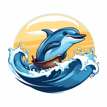 Ilustración de Delfín saltando del agua en un barco. Ilustración vectorial - Imagen libre de derechos