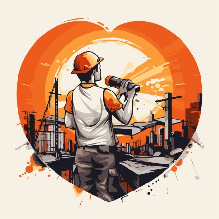 Téléchargez les illustrations : Illustration vectorielle d'un ouvrier de la construction sur le fond du cœur. - en licence libre de droit