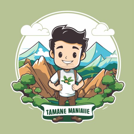 Ilustración de Hombre con mochila y hojas verdes en las montañas. Ilustración vectorial. - Imagen libre de derechos