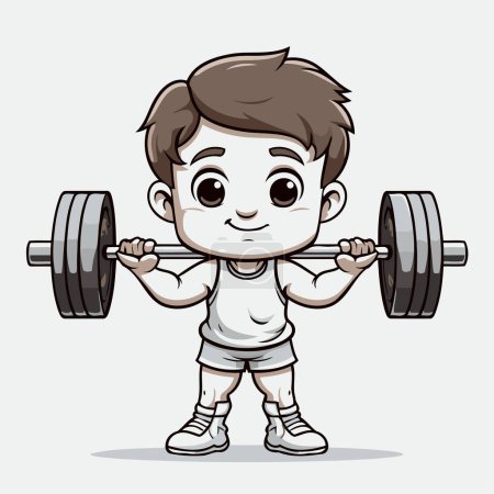 Ilustración de Niño levantando una ilustración vectorial de dibujos animados de barra. Tema Fitness y deporte. - Imagen libre de derechos