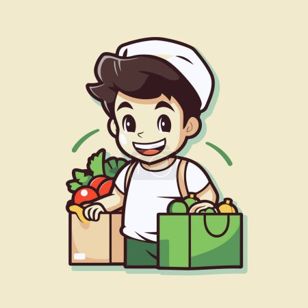 Illustration for Cartoon boy with shopping bag full of vegetables. Vector illustration. - Royalty Free Image