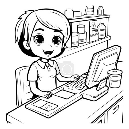 Téléchargez les illustrations : Illustration en noir et blanc d'une fille utilisant un ordinateur à la maison. - en licence libre de droit