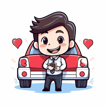 Téléchargez les illustrations : Un homme d'affaires avec une voiture. Illustration vectorielle isolée sur fond blanc. - en licence libre de droit