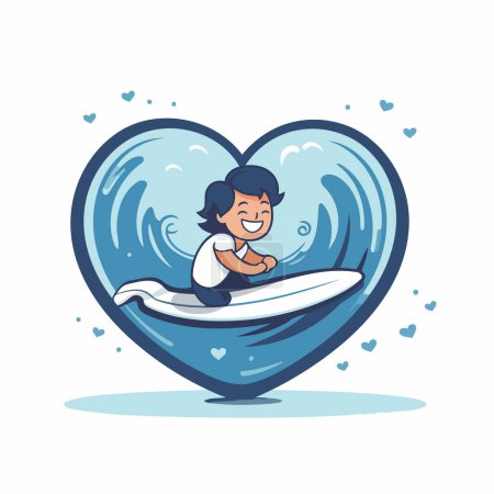 Téléchargez les illustrations : Garçon surfant sur une planche de surf en forme de cœur. Illustration vectorielle de bande dessinée. - en licence libre de droit
