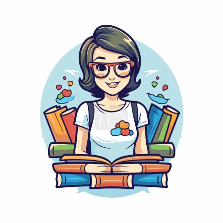 Ilustración de Ilustración vectorial de una chica con gafas leyendo un libro. sentado en una pila de libros - Imagen libre de derechos
