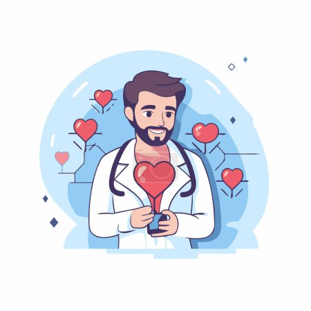 Illustration for Male doctor holding red heart in his hand. Vector illustration in flat style - Royalty Free Image