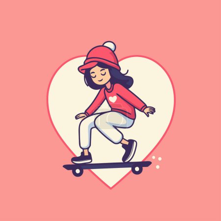 Vector illustration of a girl riding a skateboard in the shape of a heart.