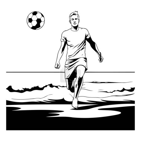 Téléchargez les illustrations : Joueur de football avec ballon sur la plage. Illustration vectorielle noir et blanc. - en licence libre de droit