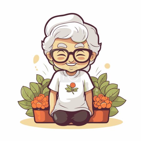 Téléchargez les illustrations : Grand-mère assise dans un panier avec des fleurs. Illustration vectorielle de dessin animé. - en licence libre de droit