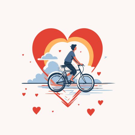 Illustration for Vector illustration in flat linear style. A man rides a bicycle on the background of the heart. - Royalty Free Image