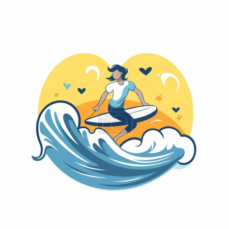 Illustration for Surfer with surfboard on the wave. Vector illustration in flat style - Royalty Free Image