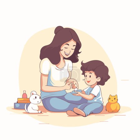 Ilustración de Madre y su hijo jugando con juguetes. Ilustración vectorial en estilo de dibujos animados. - Imagen libre de derechos