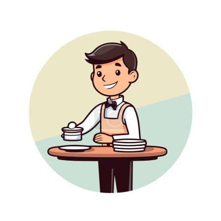 Illustration for Waiter serving food at the table. Vector illustration in cartoon style. - Royalty Free Image