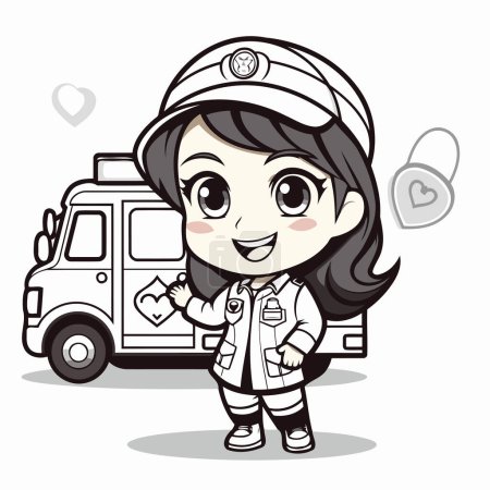 Téléchargez les illustrations : Jolie bande dessinée infirmière avec ambulance. Illustration vectorielle d'une infirmière mignonne. - en licence libre de droit