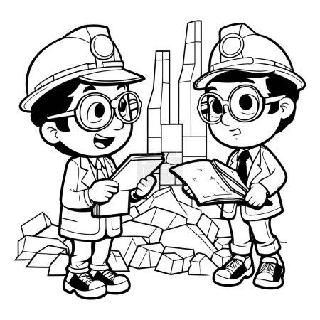 Téléchargez les illustrations : Dessin animé noir et blanc illustrant deux ouvriers industriels ou ingénieurs personnages pour livre à colorier - en licence libre de droit