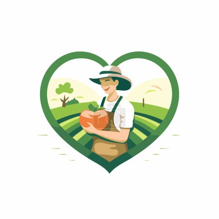 Téléchargez les illustrations : Fermier avec pomme en forme de cœur. Illustration vectorielle en style plat - en licence libre de droit