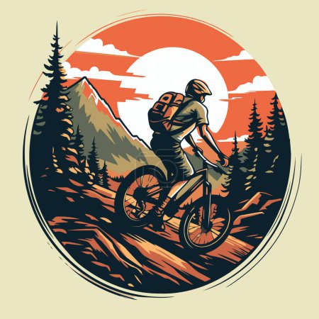 Illustration for Biker riding on mountain bike in the forest. vector illustration. - Royalty Free Image