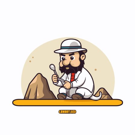 Illustration for Cartoon explorer sitting on a rock and holding a spoon. Vector illustration. - Royalty Free Image