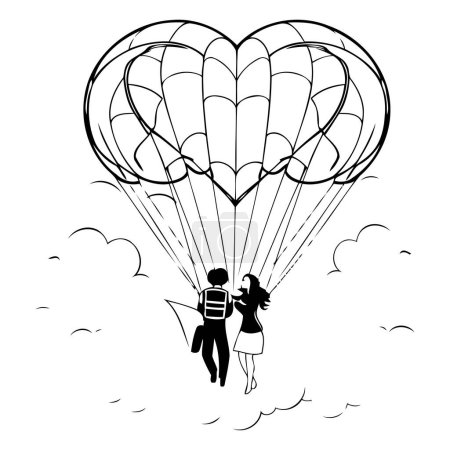 Ilustración de Ilustración vectorial de una pareja enamorada volando en un paracaídas en forma de corazón - Imagen libre de derechos