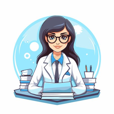 Téléchargez les illustrations : Femme scientifique en blouse de laboratoire et lunettes assises au bureau. Illustration vectorielle. - en licence libre de droit