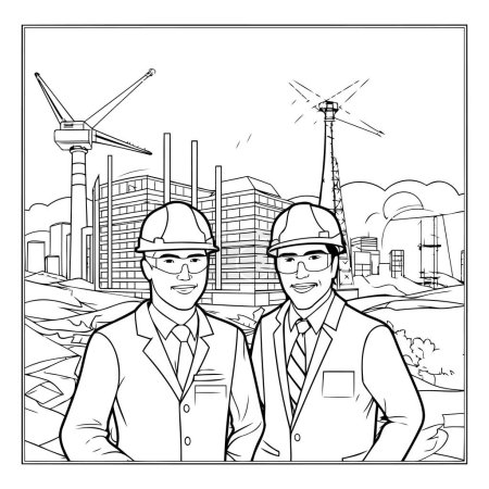 Téléchargez les illustrations : Ingénieur et architecte avec éoliennes en arrière-plan illustration vectorielle graphisme - en licence libre de droit