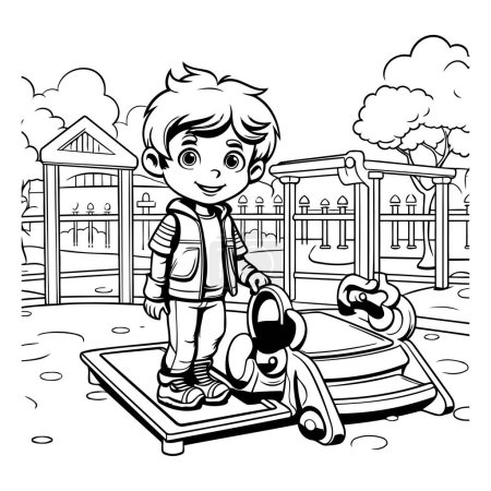 Téléchargez les illustrations : Illustration de bande dessinée en noir et blanc d'un enfant jouant sur une aire de jeux ou une aire de jeux pour un livre à colorier - en licence libre de droit
