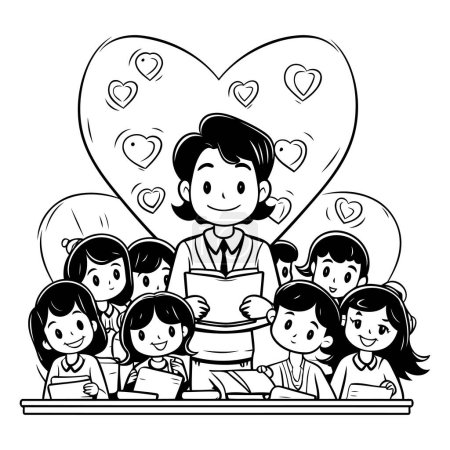 Ilustración de Profesor con estudiantes y corazones dibujos animados en blanco y negro vector ilustración diseño gráfico - Imagen libre de derechos