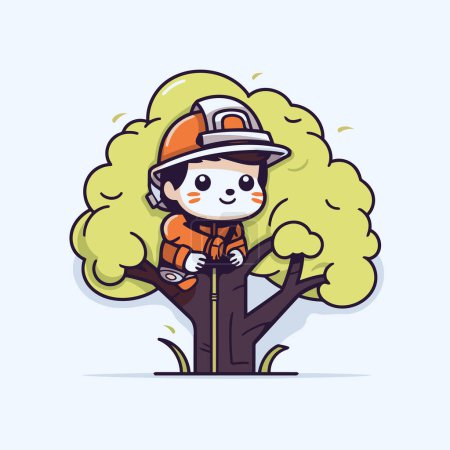 Illustration for Cute boy in firefighter uniform and helmet climbing tree. Vector illustration. - Royalty Free Image