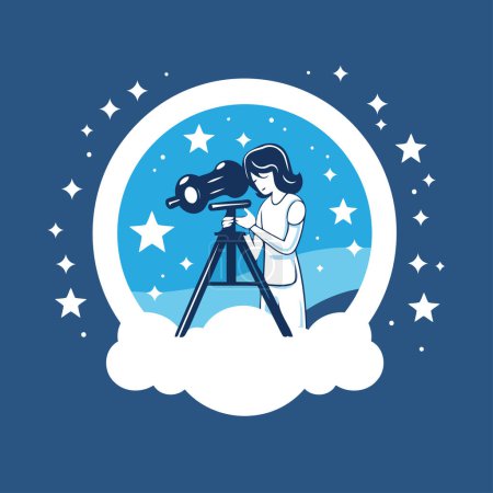Illustration for Astronaut girl with telescope in the sky. Vector illustration. - Royalty Free Image