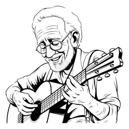 Illustration for Elderly man playing the guitar. Black and white vector illustration. - Royalty Free Image