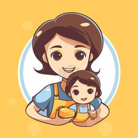 Téléchargez les illustrations : Mère avec sa fille. Illustration vectorielle en style dessin animé sur fond jaune. - en licence libre de droit