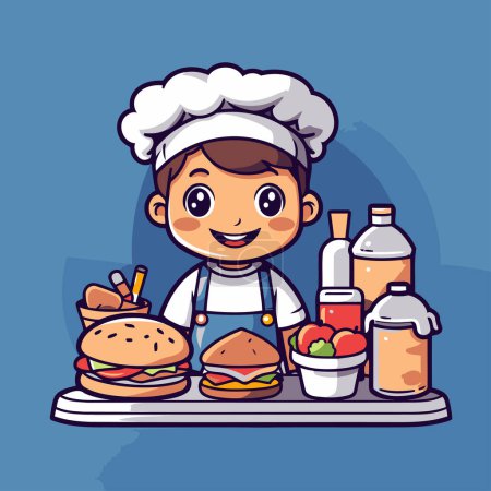 Téléchargez les illustrations : Joli petit garçon en uniforme de chef avec hamburger. Illustration vectorielle - en licence libre de droit