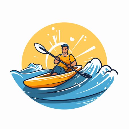 Téléchargez les illustrations : Homme en kayak sur les vagues. Illustration vectorielle dans le style dessin animé - en licence libre de droit