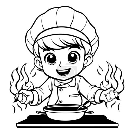 Téléchargez les illustrations : Illustration de bande dessinée en noir et blanc de la cuisine mignonne de petite chef fille pour le livre de coloriage - en licence libre de droit