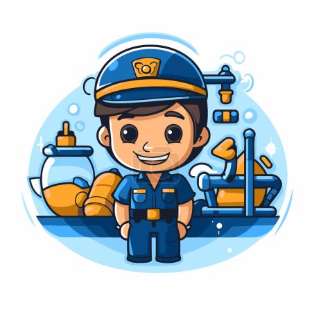 Illustration for Cute cartoon boy in police cap and uniform standing near submarine. Vector illustration. - Royalty Free Image