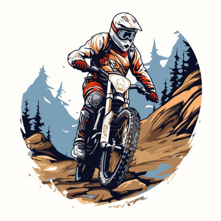 Ilustración de Motocross rider en un camino de montaña. Ilustración vectorial en estilo retro. - Imagen libre de derechos