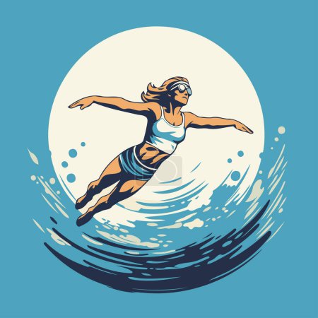 Illustration for Surfer girl jumping on the waves. Vector illustration in retro style. - Royalty Free Image