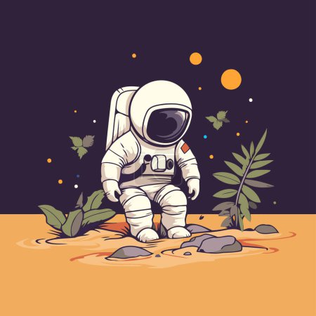 Illustration for Astronaut in the desert. Vector illustration on a dark background. - Royalty Free Image