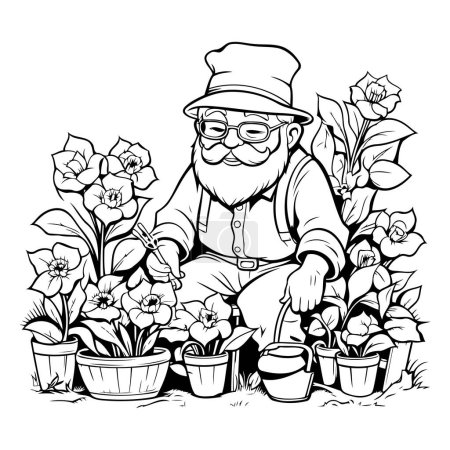 Illustration for Gardener planting flowers. Black and white vector illustration for coloring book. - Royalty Free Image
