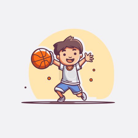 Téléchargez les illustrations : Joli petit garçon jouant au basket. Illustration vectorielle dans le style dessin animé. - en licence libre de droit