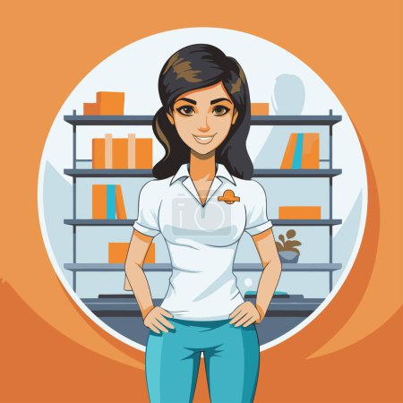 Illustration for Young woman in casual clothes standing in front of bookshelf. Vector illustration. - Royalty Free Image