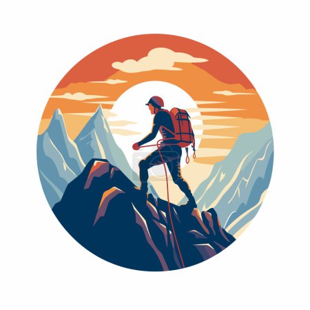 Ilustración de Montañista escalando en la cima de una montaña. Ilustración vectorial. - Imagen libre de derechos