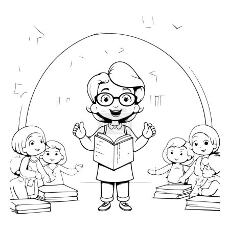 Illustration for Black and white vector illustration of a teacher reading a book to her students. - Royalty Free Image