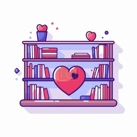 Ilustración de Estantería con libros y corazones. Ilustración vectorial en estilo plano - Imagen libre de derechos