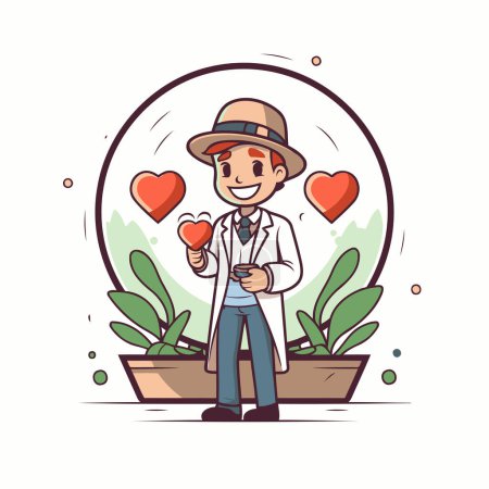 Ilustración de Ilustración vectorial de un hombre con un sombrero sosteniendo un corazón en una bombilla - Imagen libre de derechos