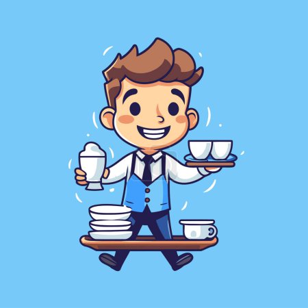 Illustration for Waiter holding a tray with cups and saucers. Vector illustration. - Royalty Free Image