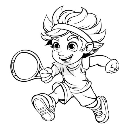 Téléchargez les illustrations : Illustration de bande dessinée en noir et blanc d'un petit garçon jouant au tennis Coloring Book - en licence libre de droit