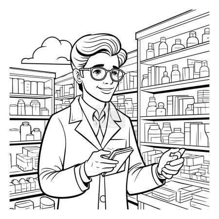 Illustration for Black and white illustration of a pharmacist using a smartphone in a drugstore. - Royalty Free Image