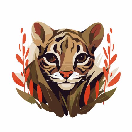 Ilustración de Cabeza de tigre con hojas. Ilustración vectorial aislada sobre fondo blanco. - Imagen libre de derechos