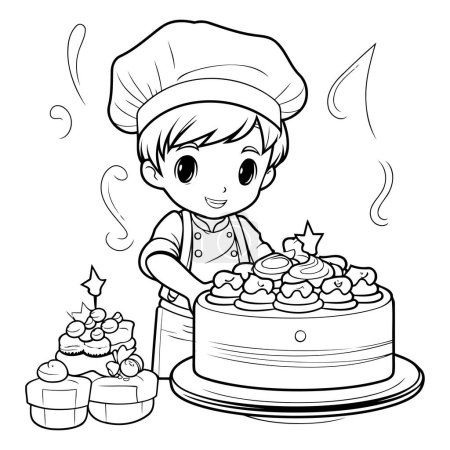 Téléchargez les illustrations : Mignon garçon chef avec gâteau. Illustration vectorielle pour livre à colorier. - en licence libre de droit